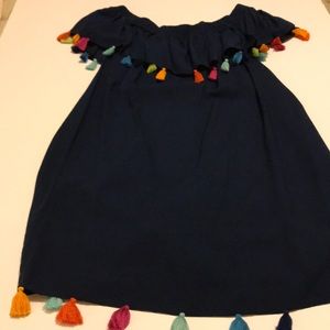 Navy off shoulder dress with tassels